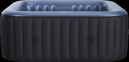 MSpa Inflatable hot tub with blue interior and black exterior on a black background. -Luxe Tub Source