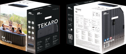 MSpa Two views of a TEKAPO inflatable hot tub packaging box.  - Luxe Tub Source